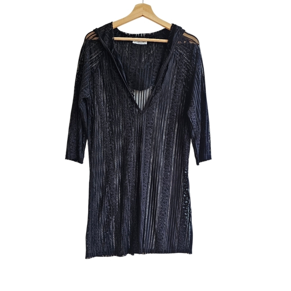 Jordan Taylor Black Sheer Striped Lace Hooded Tunic Cover-Up, Size Small